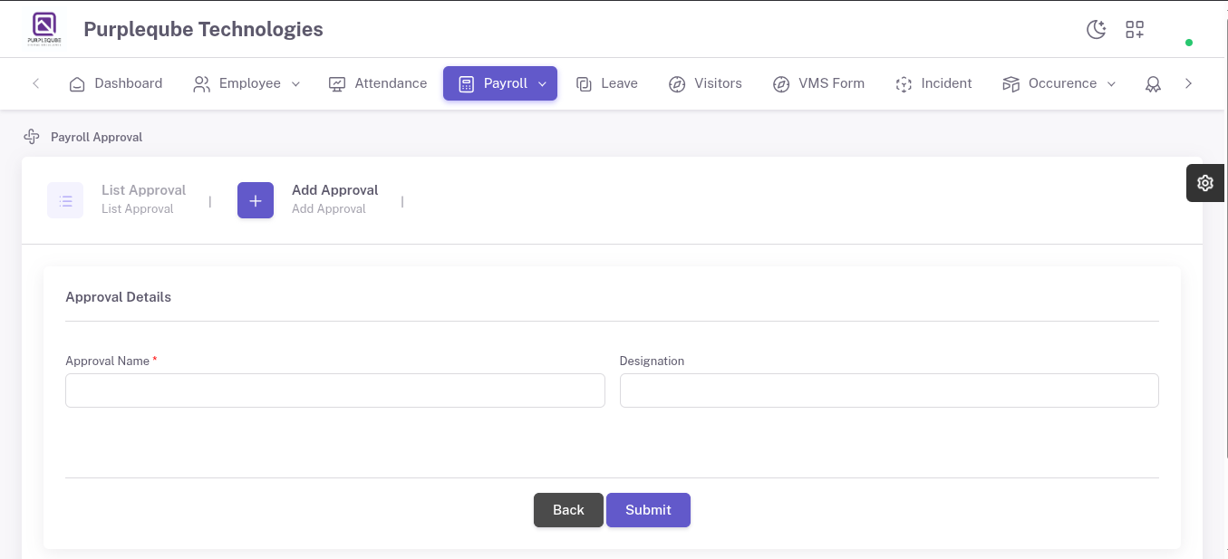 Add Approval form showing Approval Details section with Approval Name and Designation input fields